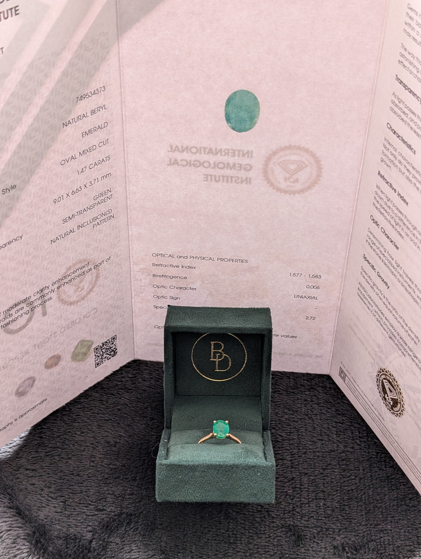 Solitaire Émeraude Naturelle — 1,47 ct — Or Jaune — Certifié IGI