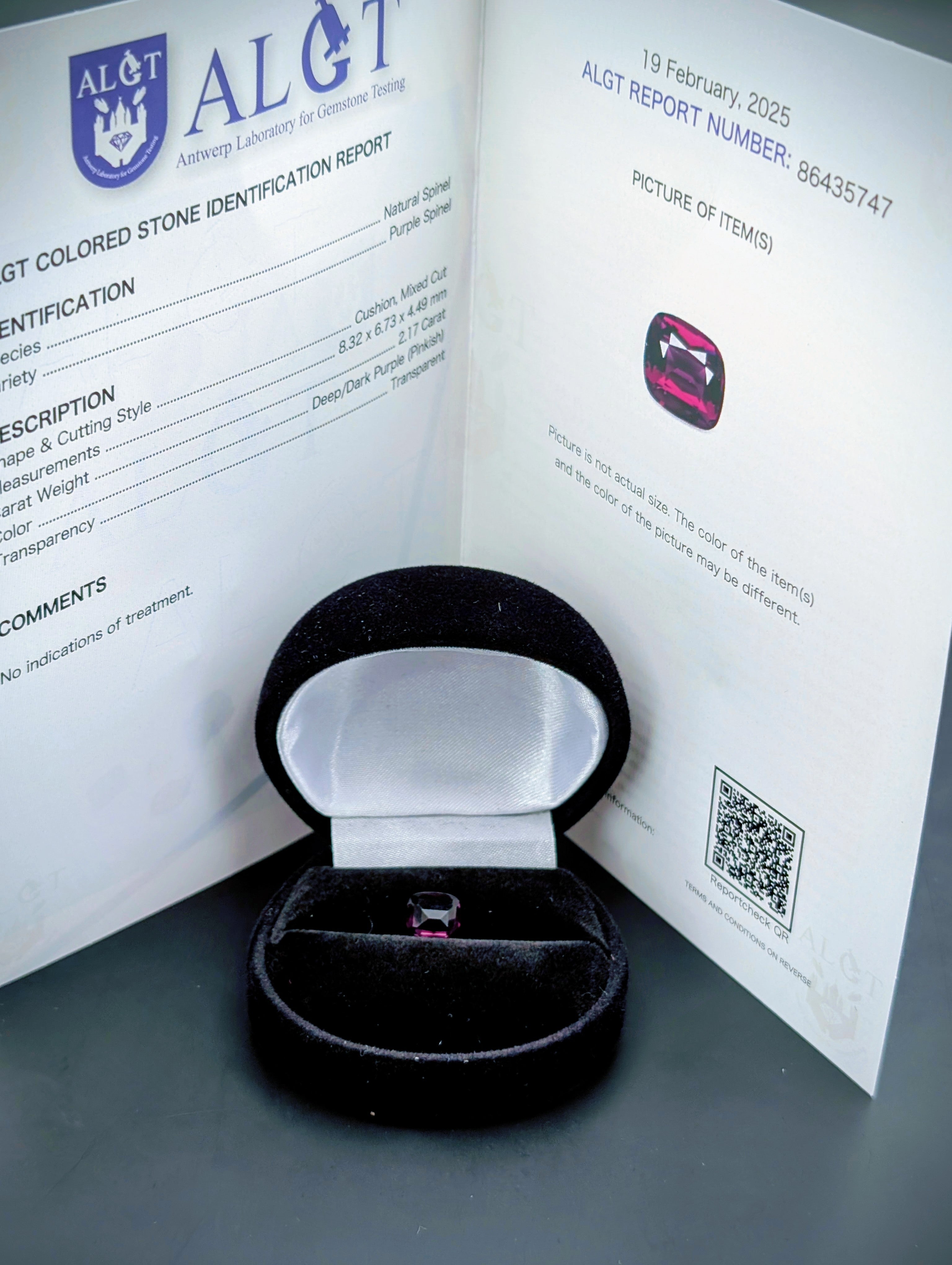 Spinelle Deep Dark Purple Pinkish 2.17 ct – Cushion – ALGT 86435747 Certifié